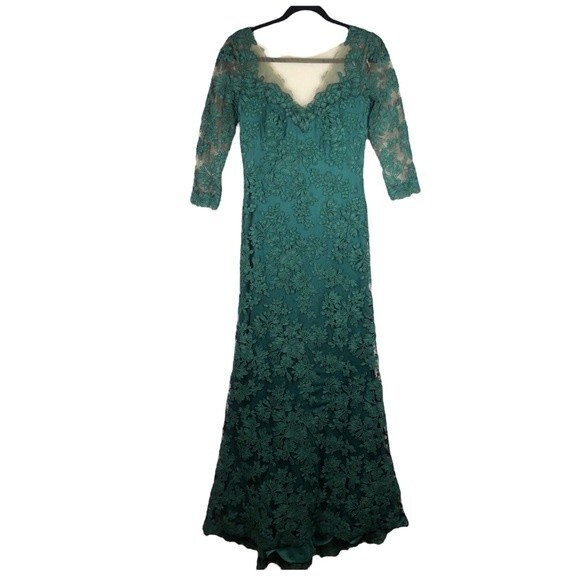 Tadashi Shoji Emerald Green Tometi Embroidered Lace Gown Maxi Dress 2 - Picture 1 of 16
